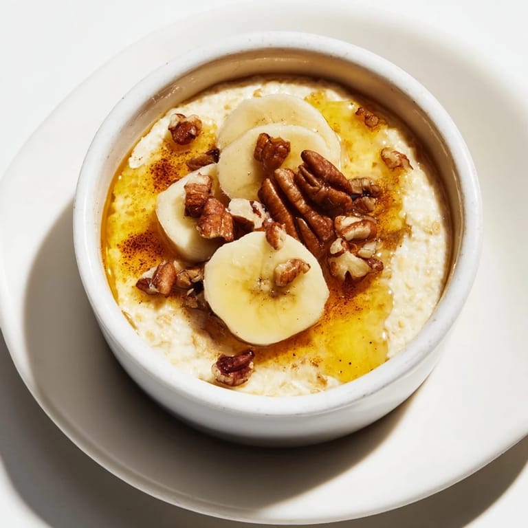 Individual ramekins of baked oats, a hearty American breakfast, featuring slices of fresh banana.
