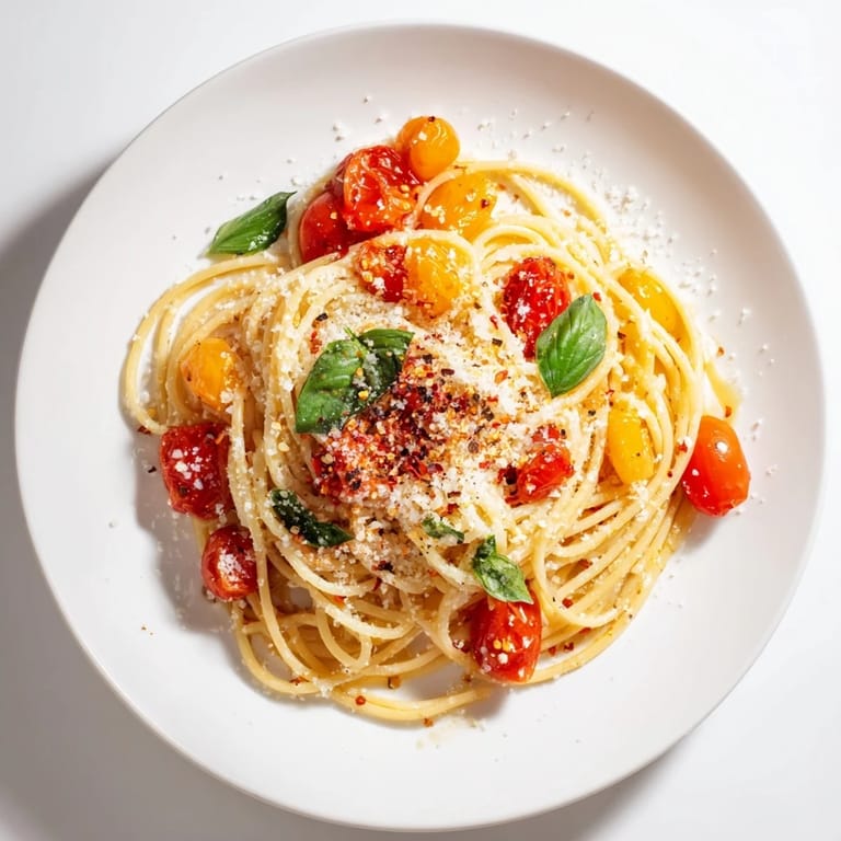 Beautiful bowl of ready-to-eat Lazy-Girl Pasta, featuring juicy cherry tomatoes and savory garlic, yum!