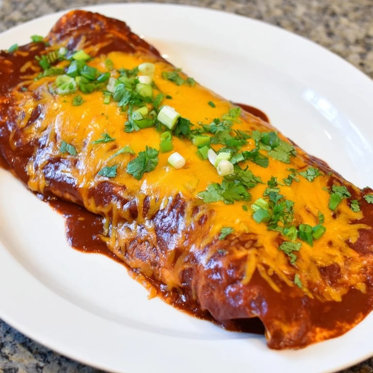 A close-up of steaming cheesy bean enchiladas, showcasing the vibrant red sauce and melted cheese.