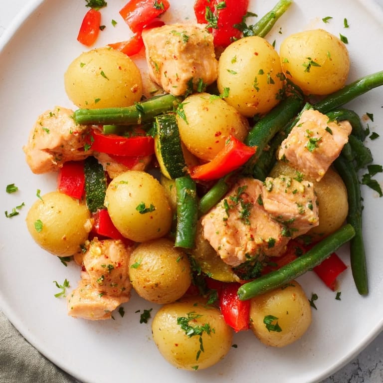 Enjoy the delicious aroma of this easy Salmon & Potato Skillet with perfectly cooked salmon pieces.