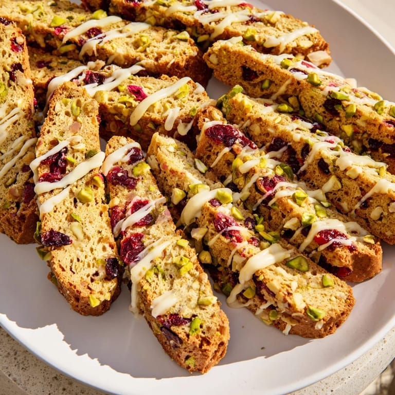Arrange a pile of homemade, twice-baked White Chocolate Cranberry Pistachio Biscotti ready for holiday gifting.