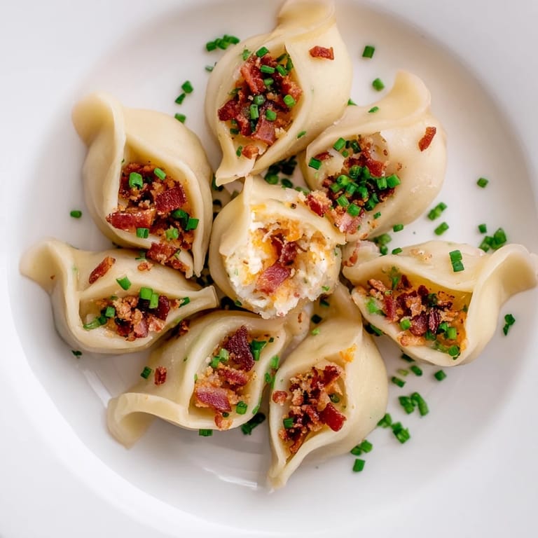 Close-up of a warm plate of Loaded Baked Potato Soup Dumplings, showcasing the flavorful filling and dough.