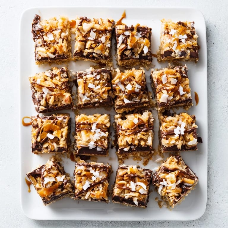 Freshly cut 7-Layer Magic Bars: a decadent dessert bursting with chocolate, coconut, and nuts.