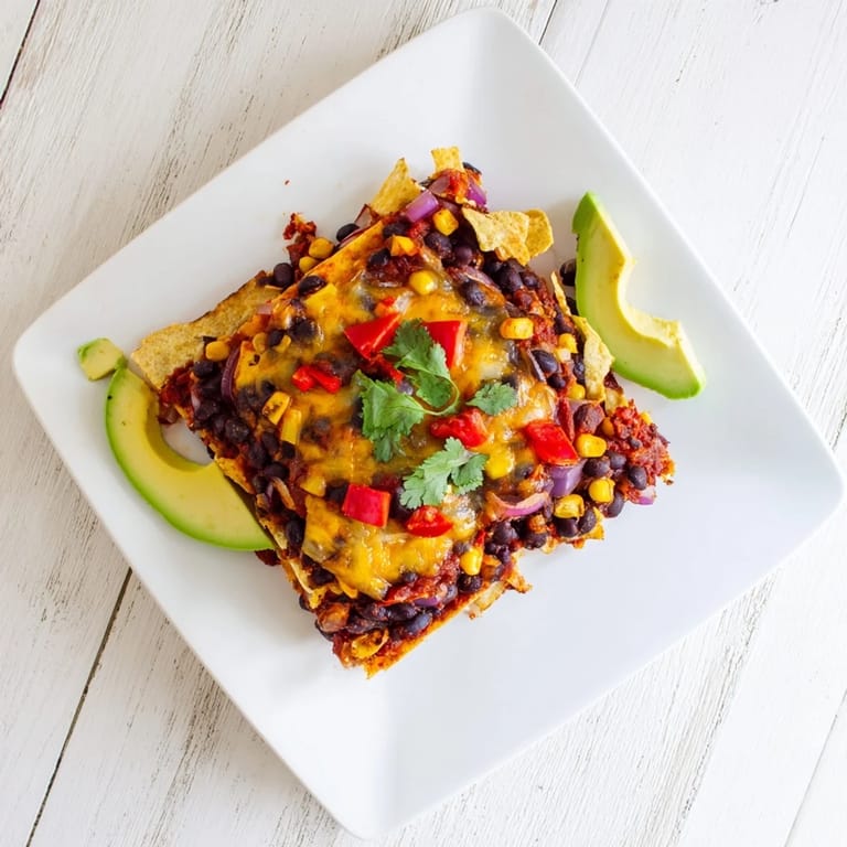 Golden-topped Quick Black Bean and Corn Tortilla Casserole, a delicious vegetarian meal served with fresh cilantro.