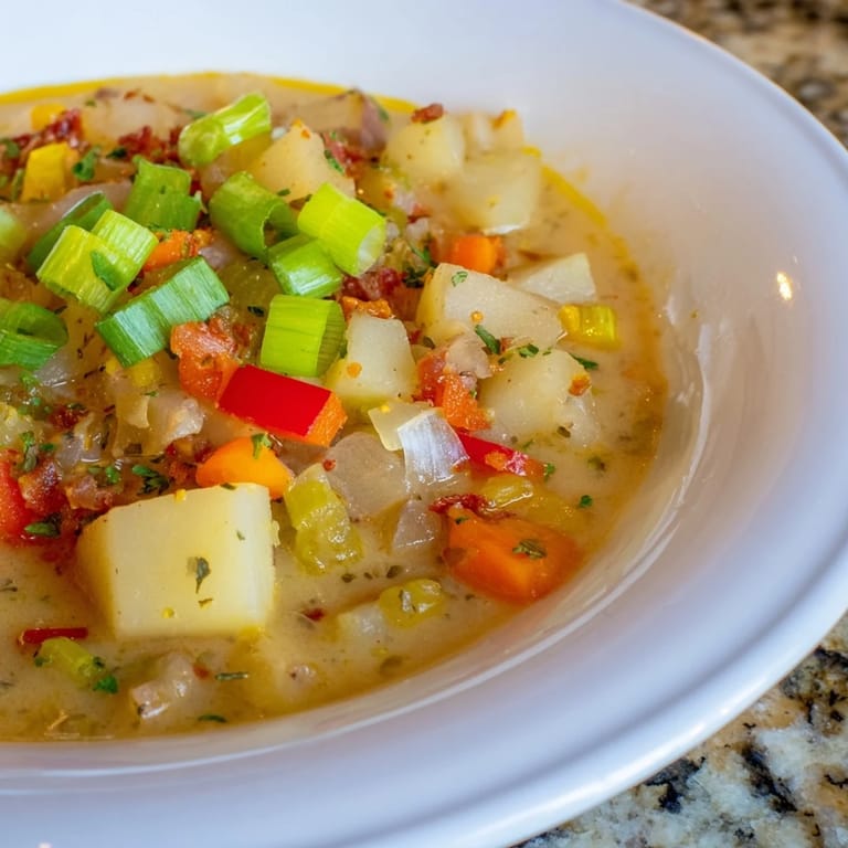 A steaming bowl of Slow Cooker Cajun Potato Soup, with visible chunks of potato and sausage.