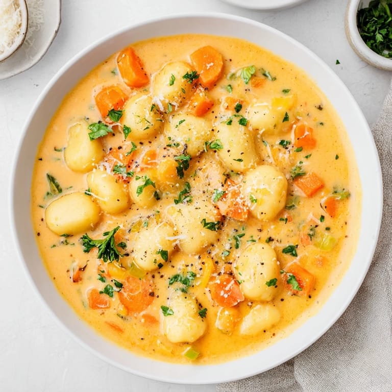 Close-up of a warm bowl of Savory Butternut Squash Gnocchi Soup, perfect for a cozy dinner.