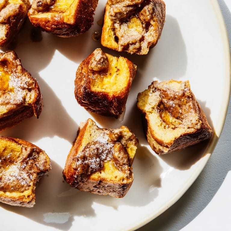 Baked Mini French Toast Casserole Bites, rich custard soaked bread, dusted with cinnamon and sugar.