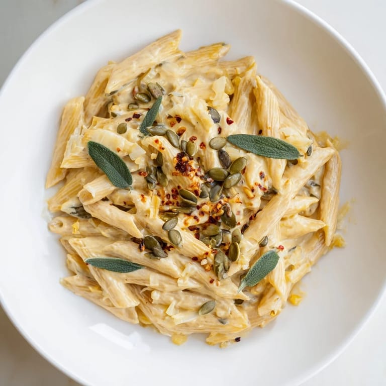 A vibrant close-up showcases creamy Vegan Pumpkin Pasta, ready to warm up any autumn evening.