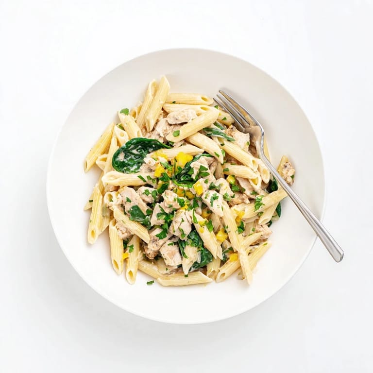 This festive One-Pot Creamy Spinach & Turkey Christmas Pasta features tender turkey and fresh greens.