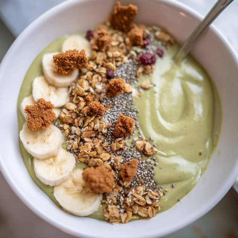 Creamy Gingerbread Cookie Matcha Breakfast Smoothie Bowl, a beautifully layered bowl ready to be enjoyed.