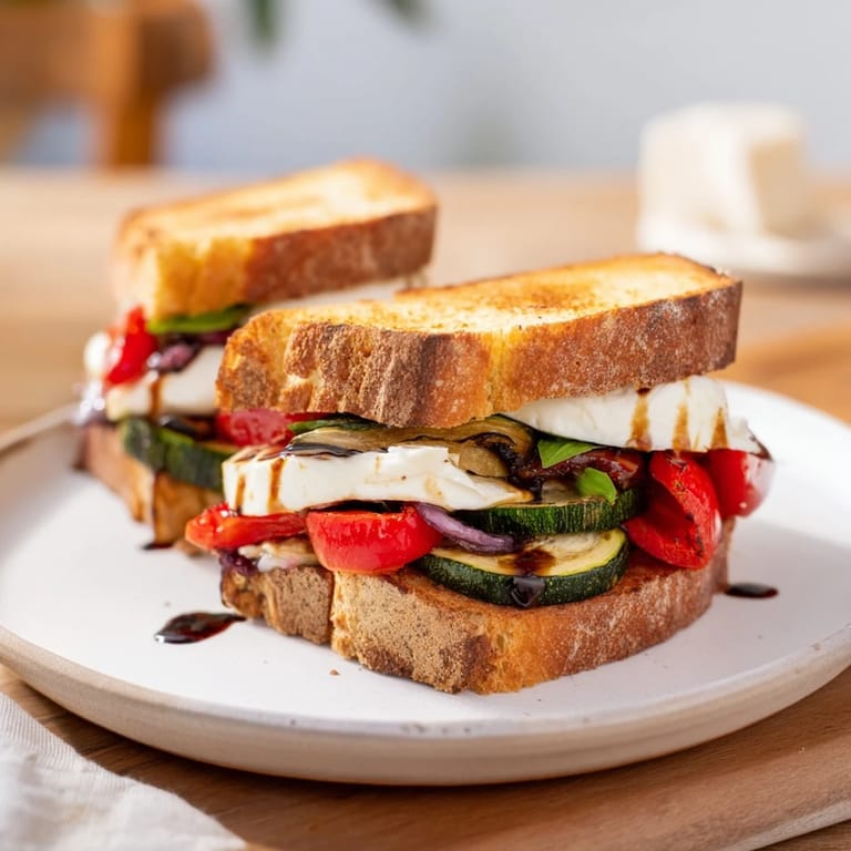 A colorful medley inside warm, toasted bread showcasing the flavorful Sheet-Pan Roasted Veggie Caprese Grilled Cheese.