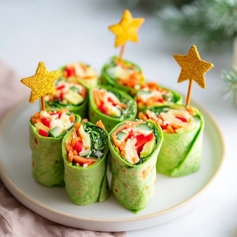 Crispy, festive Air Fryer Christmas Tree Veggie Tortilla Wraps, ready to serve as a delicious and healthy vegetarian snack.