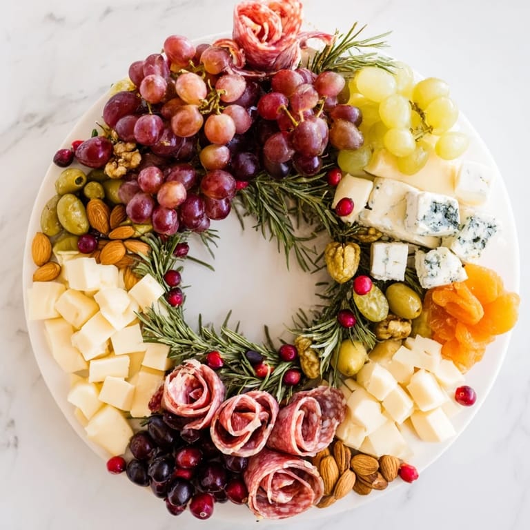 This vibrant Holiday Wreath Cheese Platter showcases delicious cheeses, cured meats, and fresh garnishes for guests.