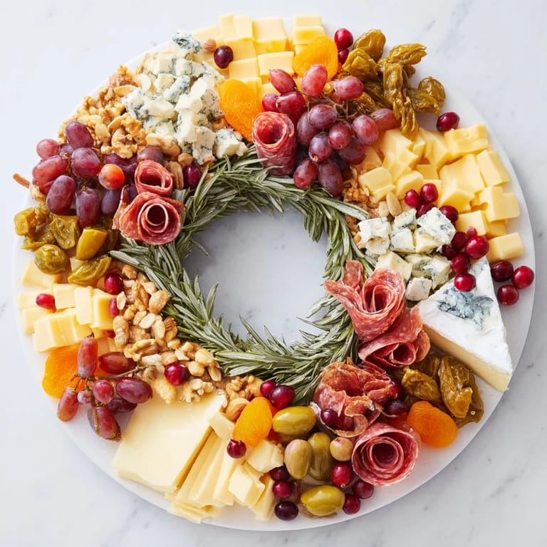 Vivid colors and textures of a Holiday Wreath Cheese Platter, a perfect appetizer for holiday gatherings.