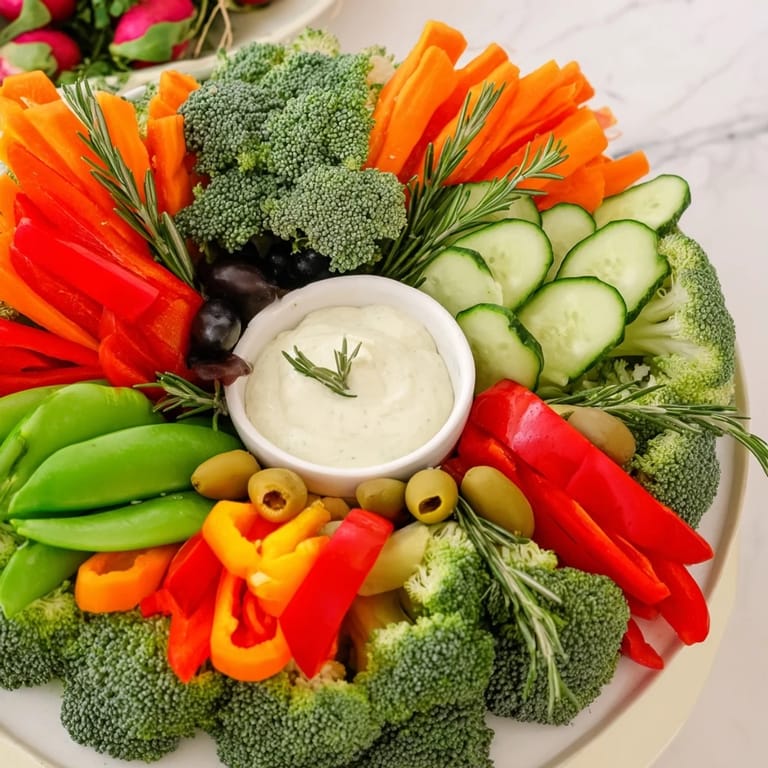 Festive Wreath Veggie Dip Platter, a visually appealing appetizer, perfect for holiday gatherings and parties.