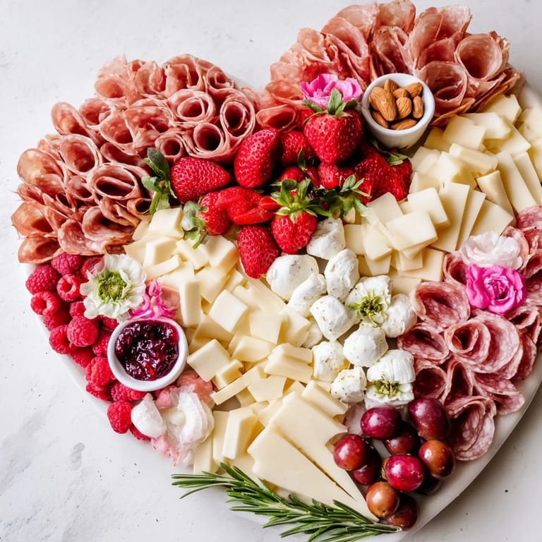A romantic heart-shaped charcuterie board featuring savory and sweet components that's perfect for sharing.