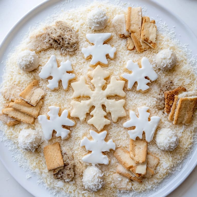 Festive Snowflake Dessert Board: white chocolate and berries create a visually stunning dessert spread.