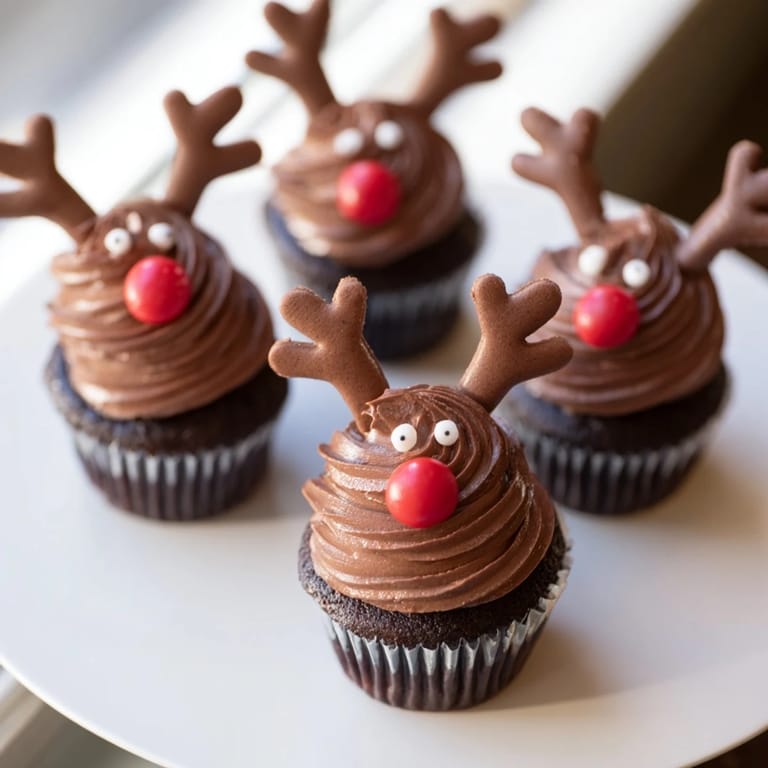 A close-up of a Reindeer Holiday Dessert Platter shows chocolate cupcakes adorned with pretzel and candy eyes.
