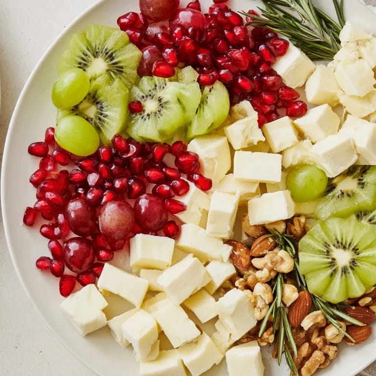 A delicious Festive Holiday Tree Appetizer Platter features a mouthwatering selection of cheese and fruit.