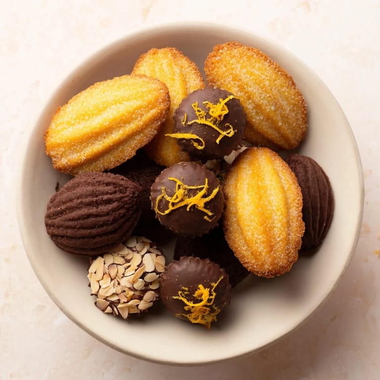 These small, colorful Mignardises Bonne Année 2026 feature chocolate truffles and lemon madeleines, ready to enjoy.