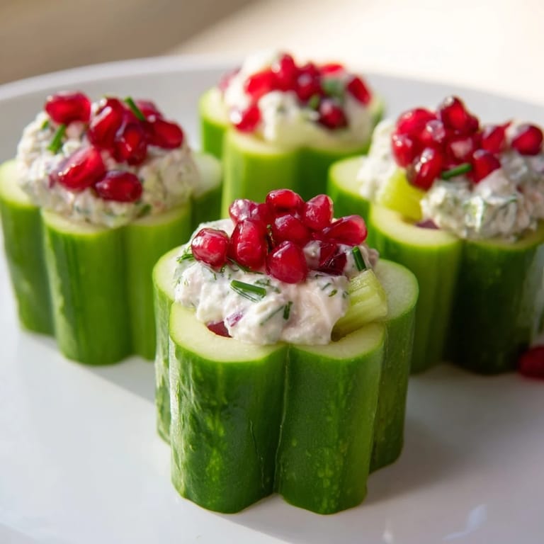 Elegant arrangement: Delicate snowflake-shaped cucumber cups holding creamy Winter Salad, garnished with fresh chives and seeds.