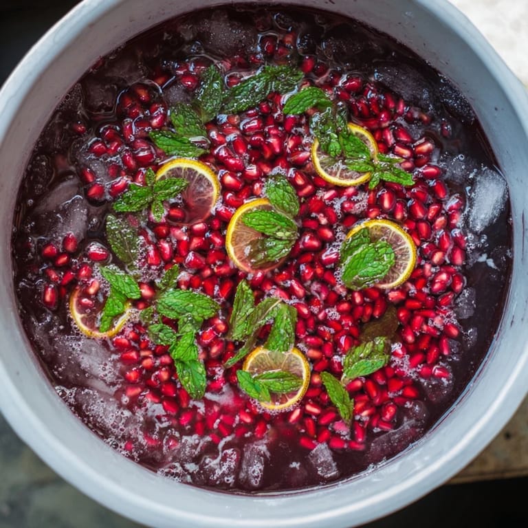Bright, refreshing Pomegranate and Mint Wreath, served chilled with lime slices and crushed ice.