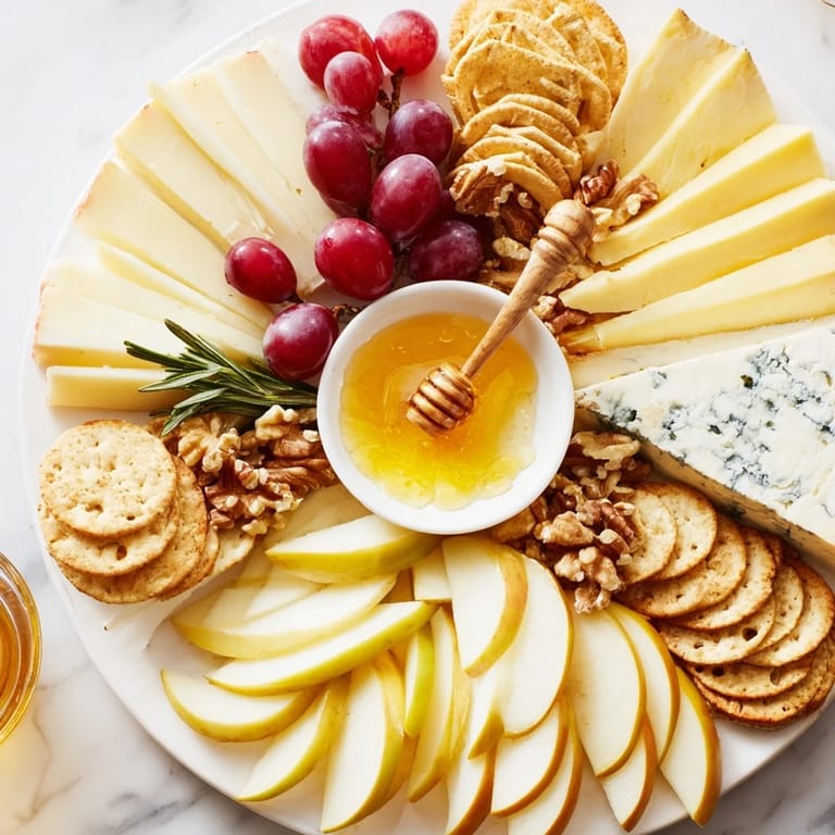 Close-up of a cheese plate with fresh fruit and honey, ideal for a refined appetizer.