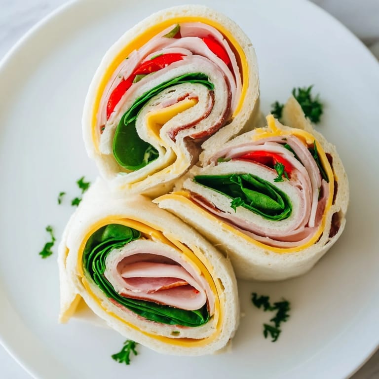 Freshly made party sandwiches: star-shaped roll-ups bursting with savory ham, turkey, and creamy cheese.