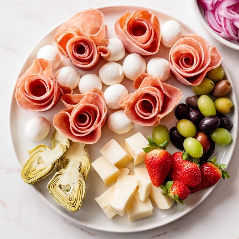 Beautifully presented prosciutto rose bouquet board showcasing salty prosciutto flowers, creamy cheeses, and vibrant fruit for sharing.