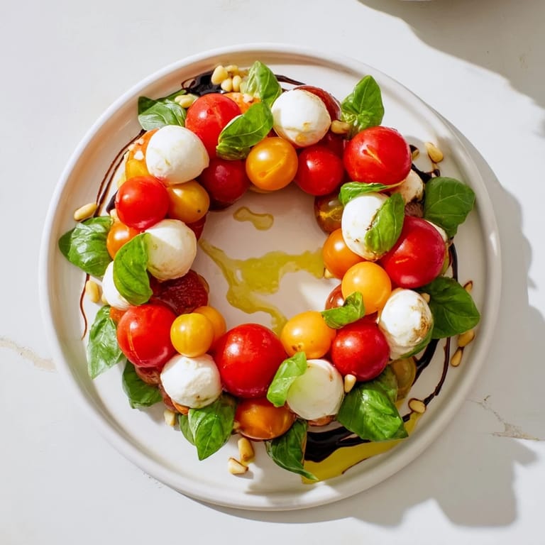 Mediterranean appetizer wreath with cherry tomatoes, mozzarella, and a drizzle of balsamic glaze looks delicious.