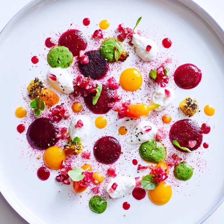 Enjoy a taste of art with The Pointillism Dot Matrix: colorful vegetable purees and sauces on elegant plates.