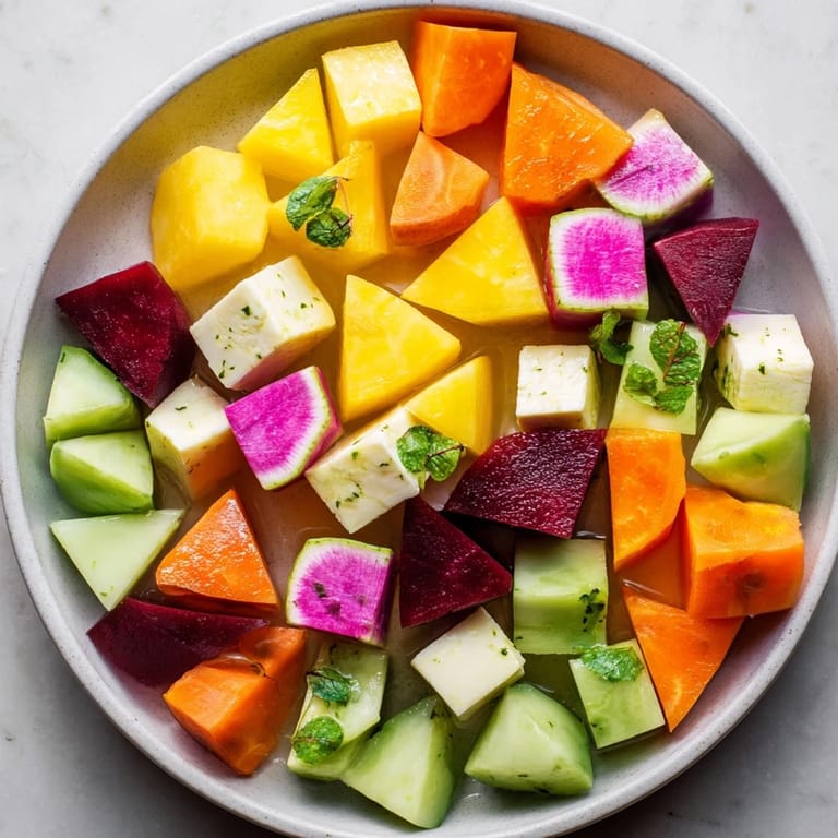 Vibrant Cubist Deconstruction on a platter; feta cheese and mango pieces enhance the flavors.