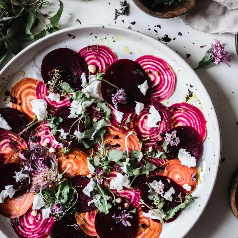 Vibrant The Shadow Play starter with golden and red beet slices, blackberries, and black olive highlights.