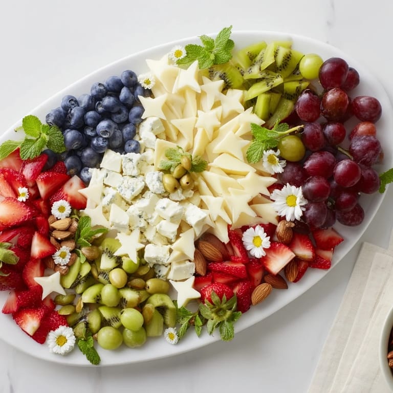 Vibrant and colorful fruit and cheese components create the impressive Negative Space Puzzle party platter design.