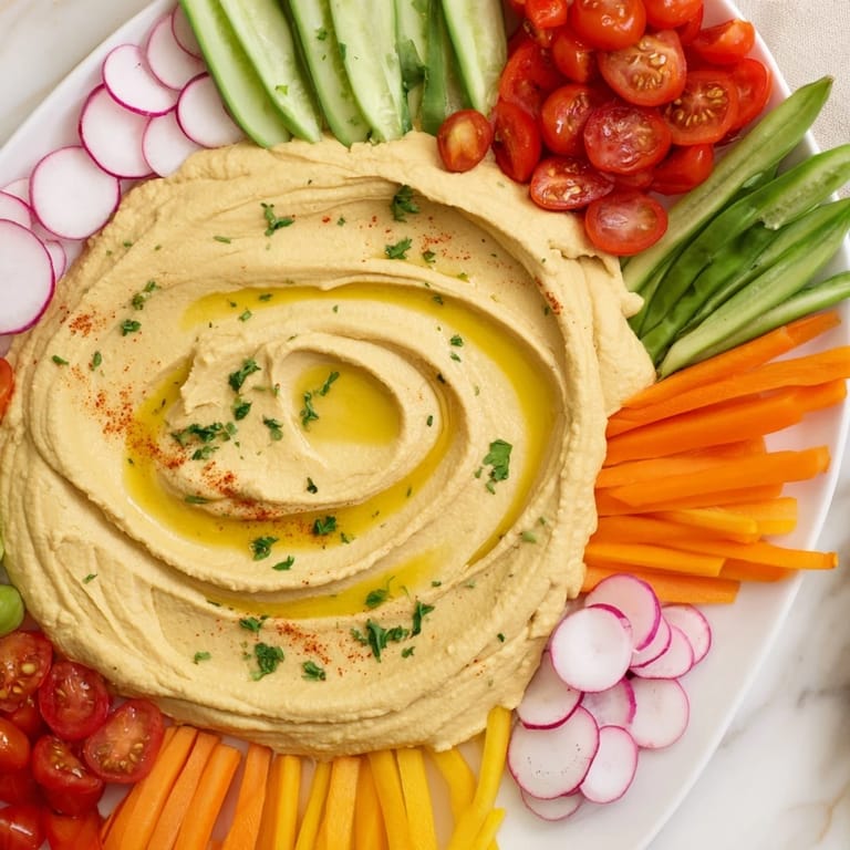 This vegetarian River Delta Flow appetizer showcases crisp cucumber and bell peppers alongside creamy hummus on a platter.