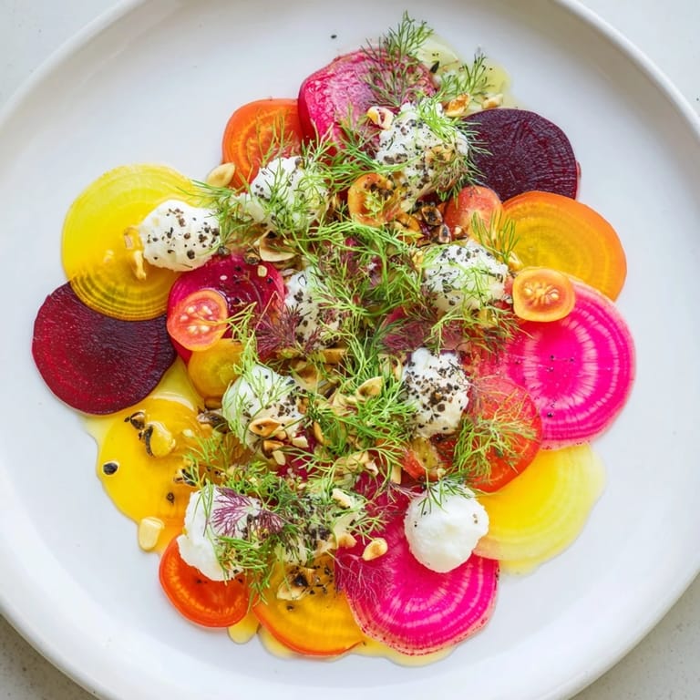 Dynamic arrangement of colorful veggies creates the delicious and beautiful Kinetic Motion Blur appetizer.