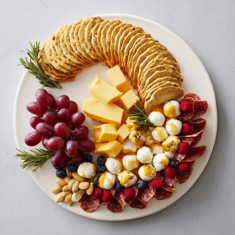 Close-up of a stunning Ouroboros Circle, a continuous platter with cheeses and fruit details.