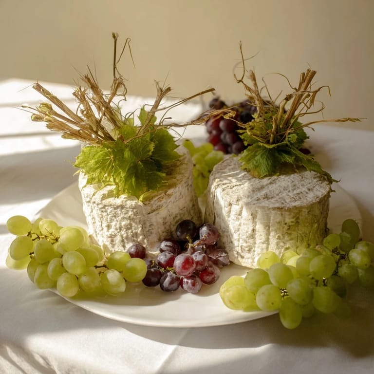 This "Rustic Vineyard" cheese board features young cheese, grapes, and grapevine branches for a stunning presentation.