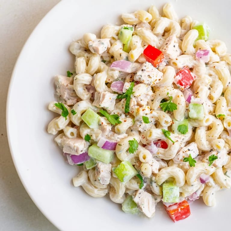 Savory Chicken Macaroni Holiday Salad featuring diced vegetables and a tangy, creamy dressing, ready to eat.