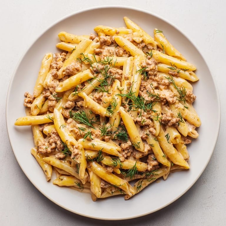A close-up of a flavorful bowl of Turkish Pasta with Ground Turkey, creamy yogurt and tender pasta.