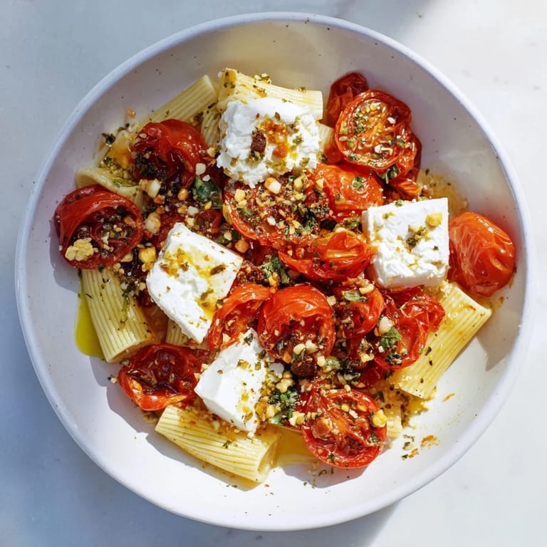 Vibrant image of Baked Feta 2.0 with pasta, featuring melted feta and roasted tomatoes for supper.