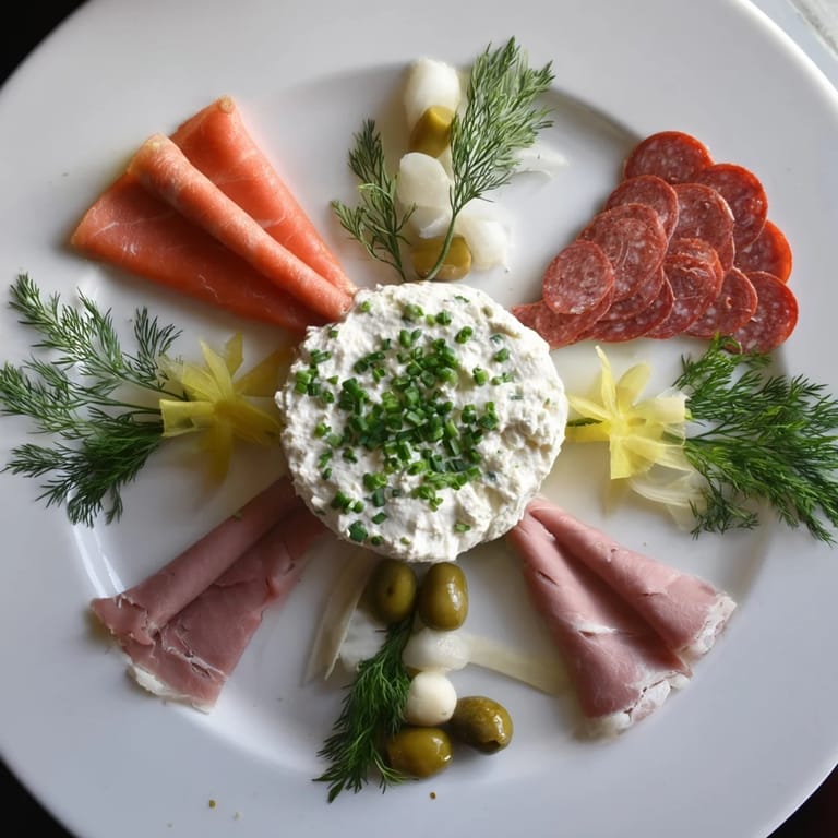 This stunning Compass Rose features savory meats fanned around a vibrant, creamy central dip.