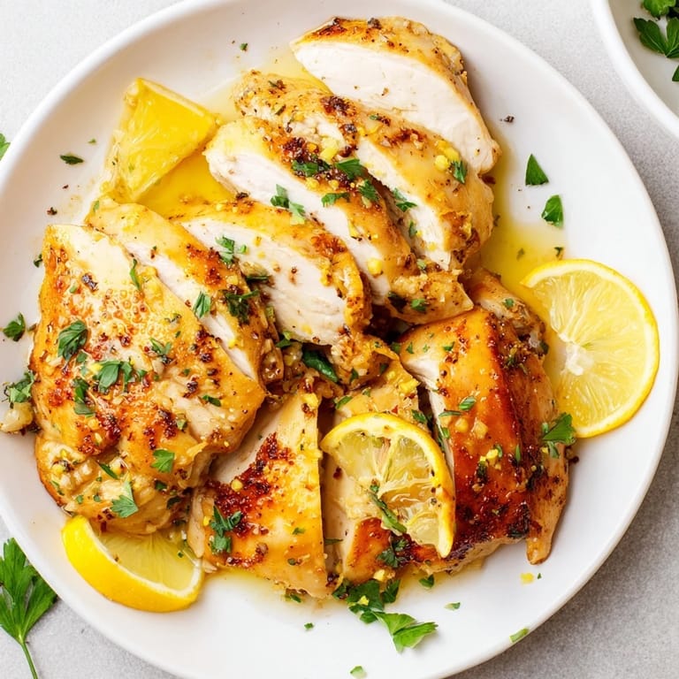 Close-up of baked Greek Lemon Herb Chicken, glistening with olive oil and fragrant herbs, offering a flavorful aroma.