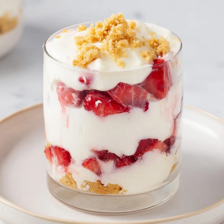 A close-up of a beautifully layered Strawberry Cheesecake Parfait, perfect for a refreshing dessert treat.