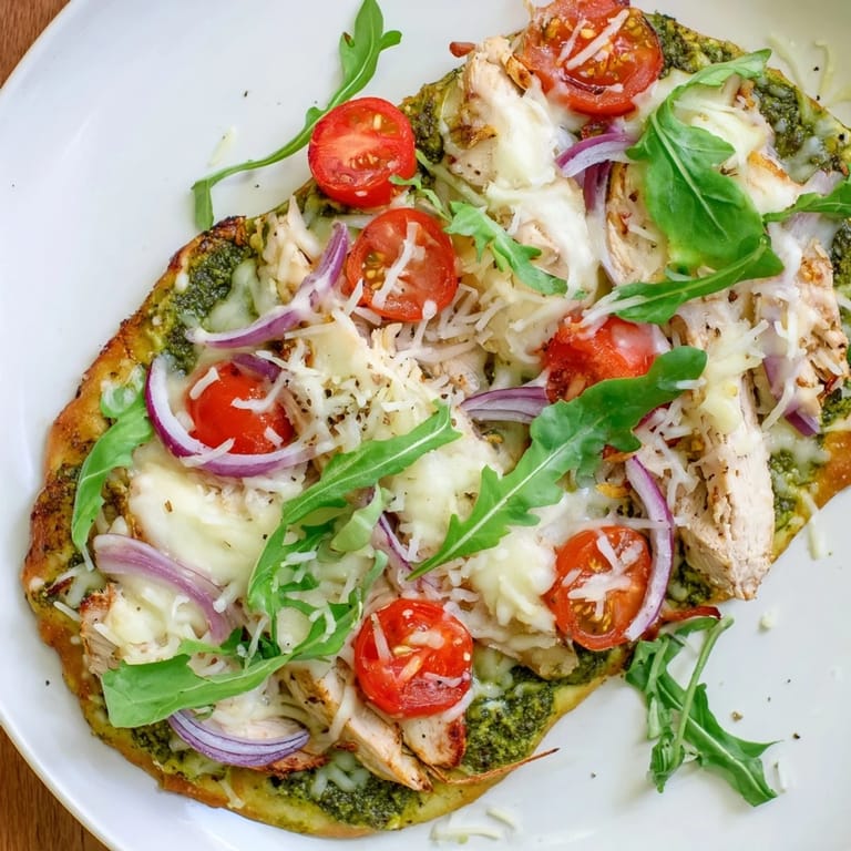 Pizza-like Pesto Chicken Flatbread, loaded with cheese, herbs, and juicy chicken, smelling delicious.