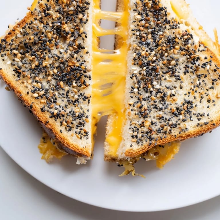 Crispy, golden-brown everything bagel seasoning covers this hot Everything Bagel Grilled Cheese with melted cheese oozing out.