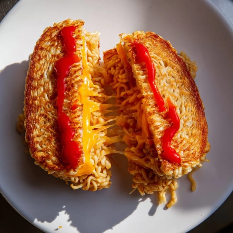 A perfectly plated Instant Ramen Grilled Cheese with hot sauce, ready for a satisfying vegetarian meal.