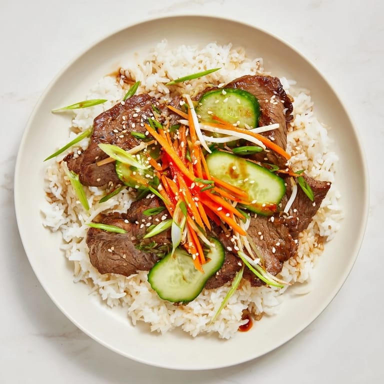 Enjoy this amazing Bulgogi Beef Bowl: Savory marinated beef with crisp veggies, a real flavor explosion.