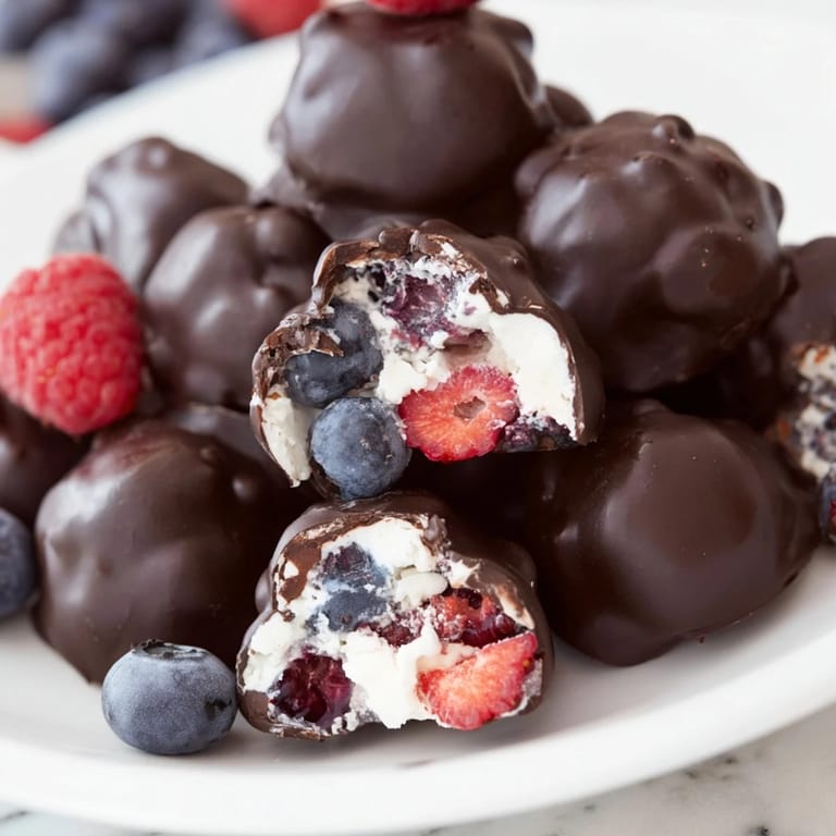 Frozen chocolate yogurt clusters: bite-sized snacks, combining creamy yogurt, berries, and dark chocolate.