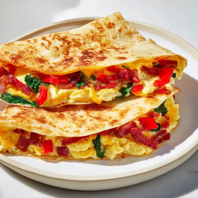 Warm and cheesy breakfast quesadilla, a quick and easy recipe with a perfectly folded, crispy tortilla.